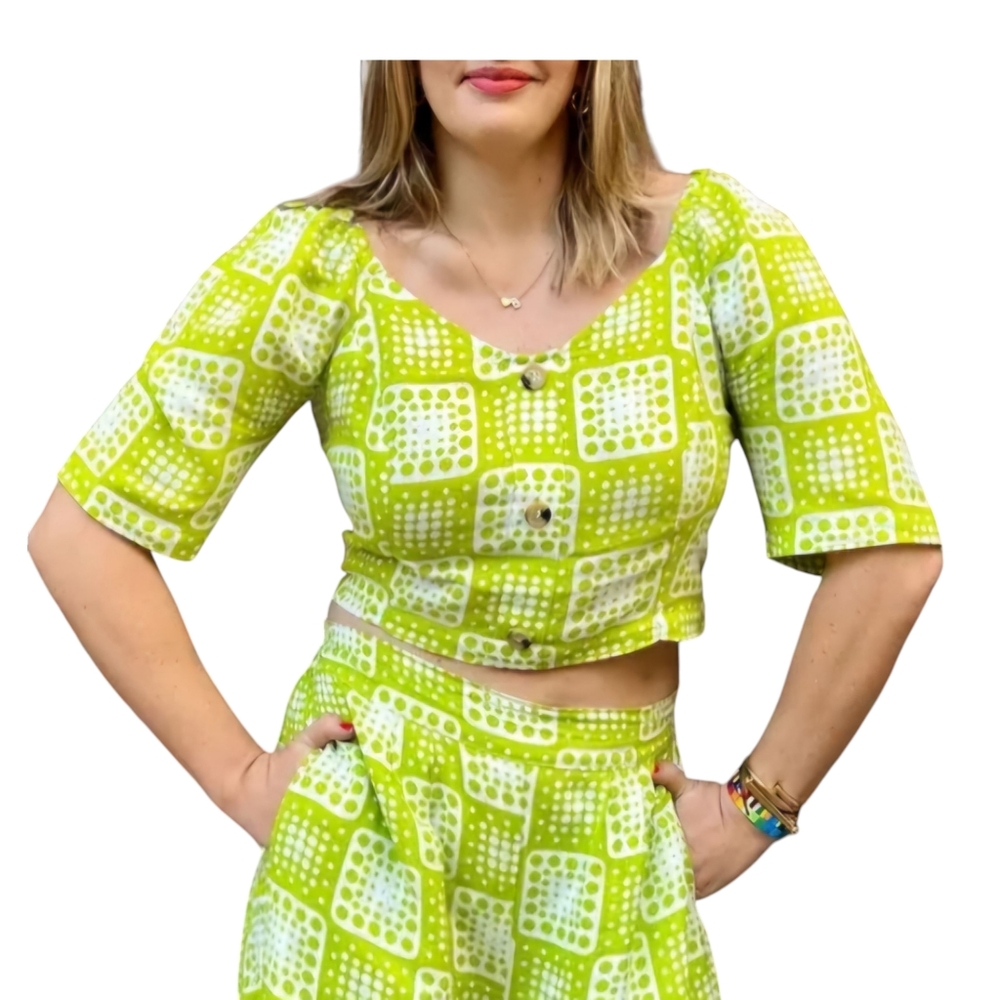 Anthropologie Lime Green White Printed Cropped Blouse